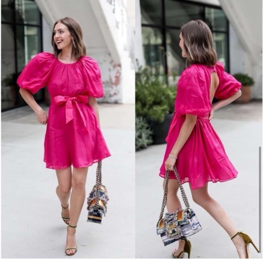 Banana Republic Pink Puff Sleeve Open Back Mini Dress Ramie Size M NWT - Picture 9 of 15